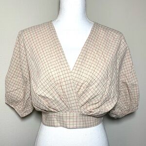 Zara Stripe Crop Top Cotton Linen Blend Women Small Tan Pink Green stripe